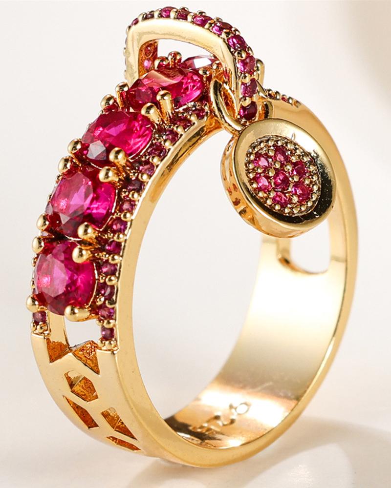 

1pc Vintage Crystal Stone Decor Hollow Ring, Hot pink