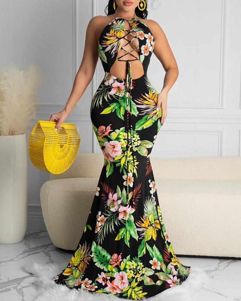 

Lace-up Cutout Front Backless Tropical Print Dress, Black