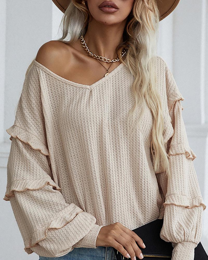 

Frill Hem Lantern Sleeve V Neck Casual Top, Apricot