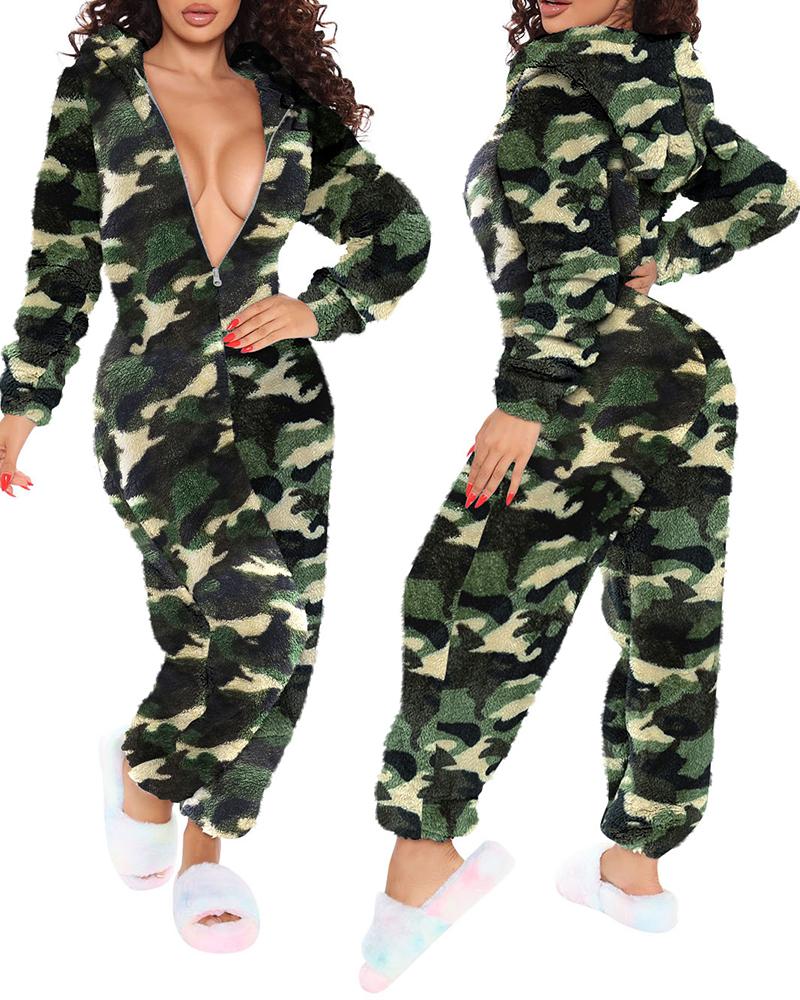 

Camo Print Zip Front Hooded Fluffy Adult Onesie, Camoflage