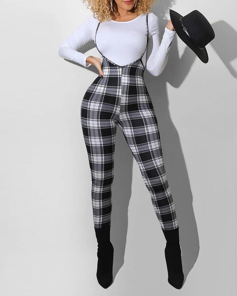

Plain Blouse & Suspender Houndstooth / Plaid Print Jumpsuit Set, Black&white