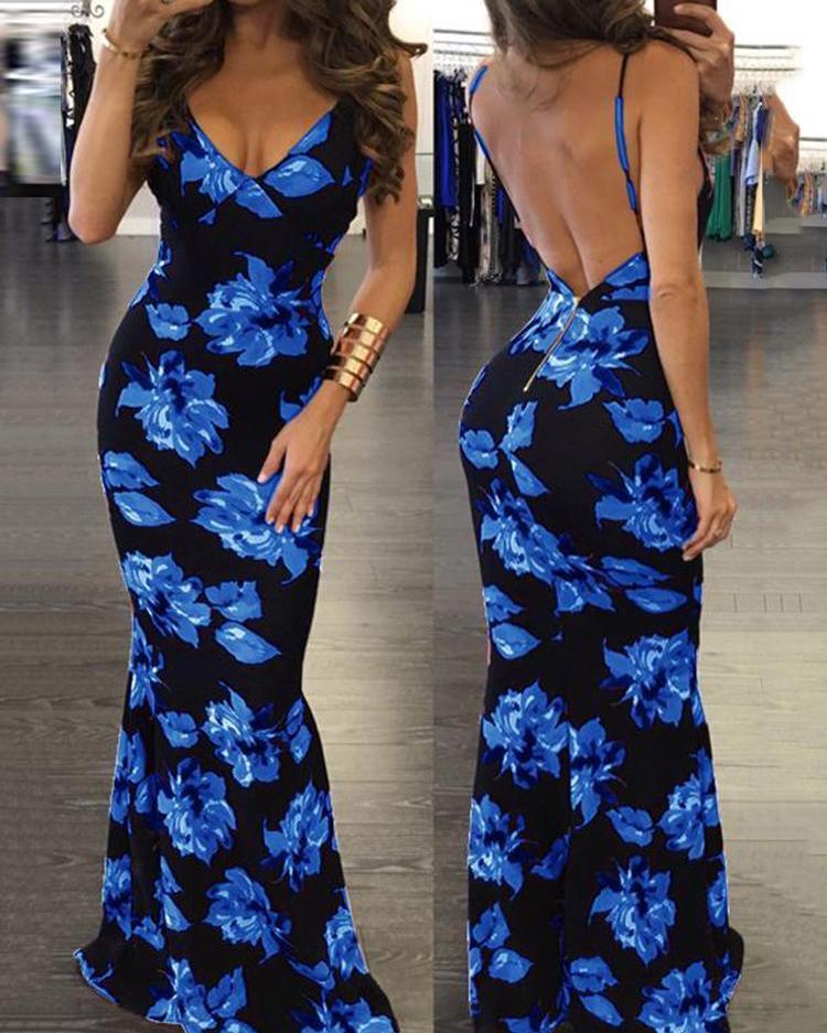 

Floral Open Back Maxi Dress, Pink;green;black;dark blue