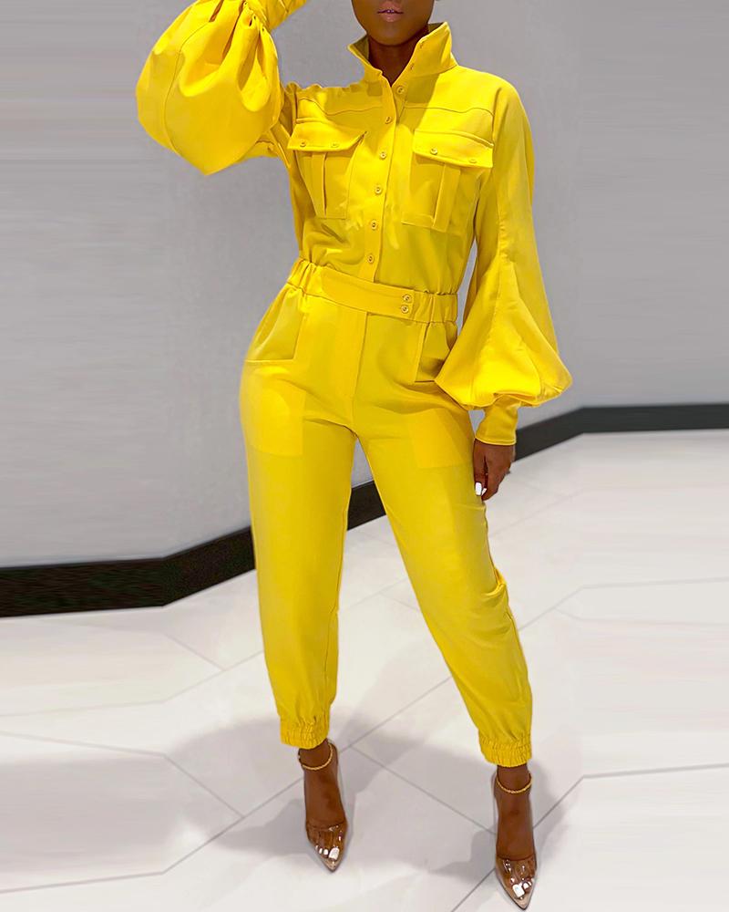

Pocket Design Buttoned Lantern Sleeve Jumpsuit, Yellow