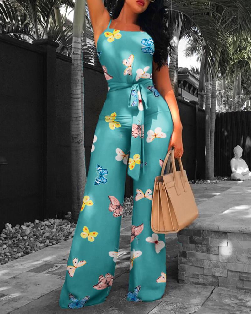 

Butterfly Floral Belted Wide Leg Jumpsuit, Green