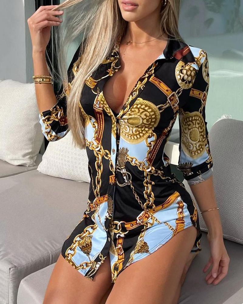 

Scarf Chain Print Long Sleeve Skinny Shirt, Black