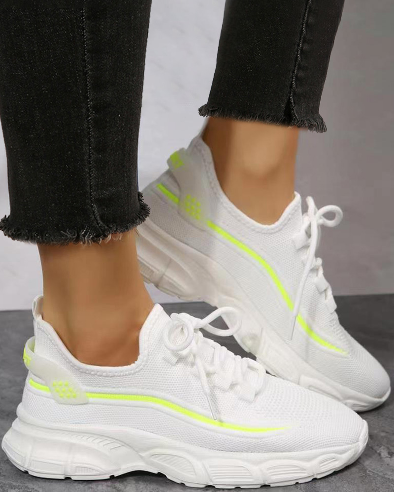 

Contrast Paneled Lace-up Running Sports Sneakers, White&green