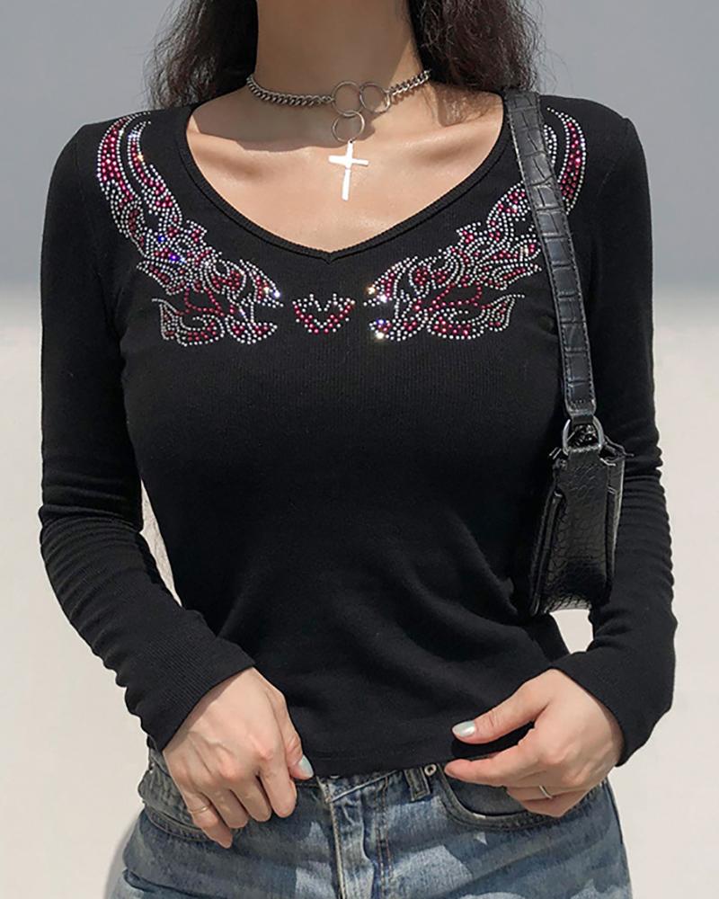 

Rhinestone Wings Pattern Long Sleeve V Neck Top, Black