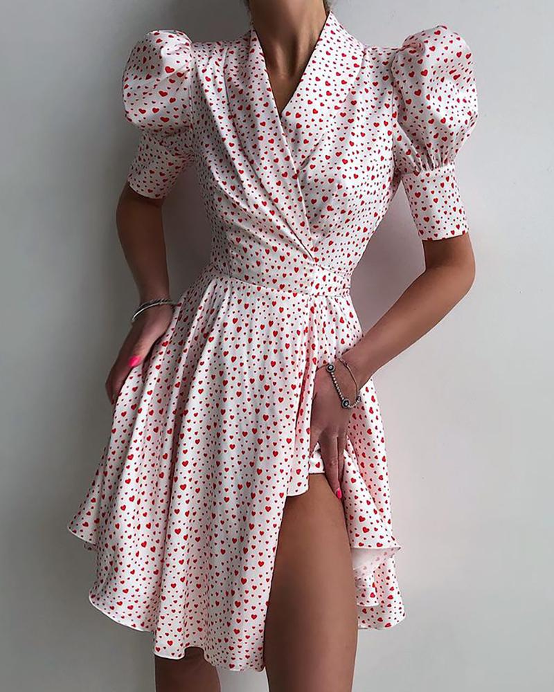

Heart Print Puff Sleeve Asymmetrical Ruched Dress, Red