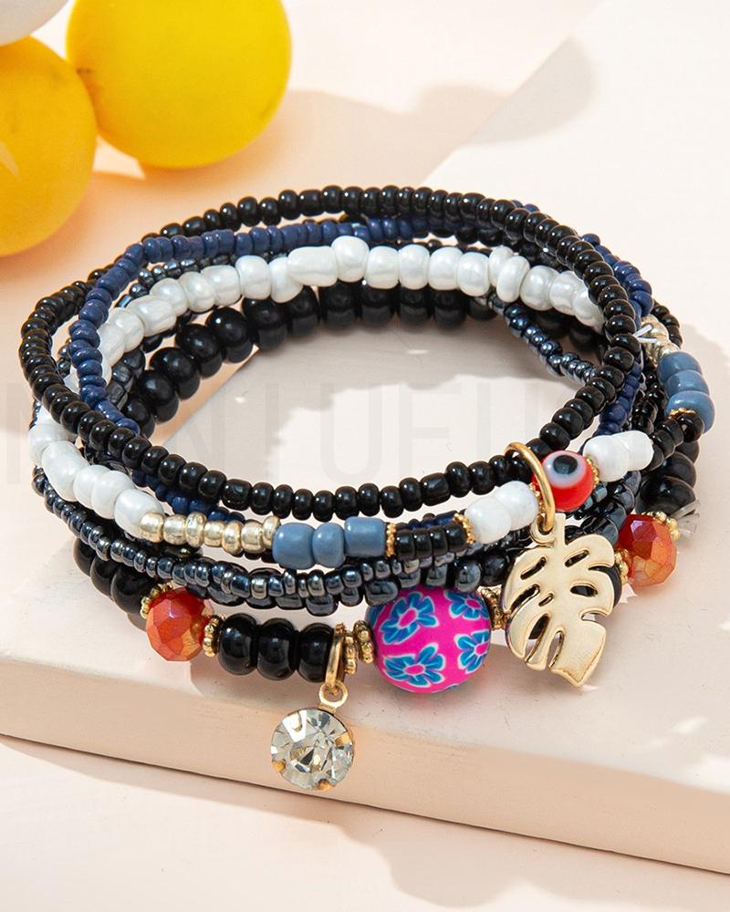 

1pc Palm Leaf Beaded Bohemian Multi-Layer Bracelet, Black