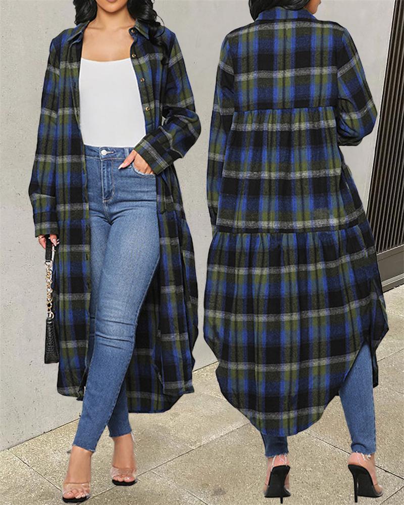 

Plaid Print Curved Hem Buttoned Longline Shacket, Blue
