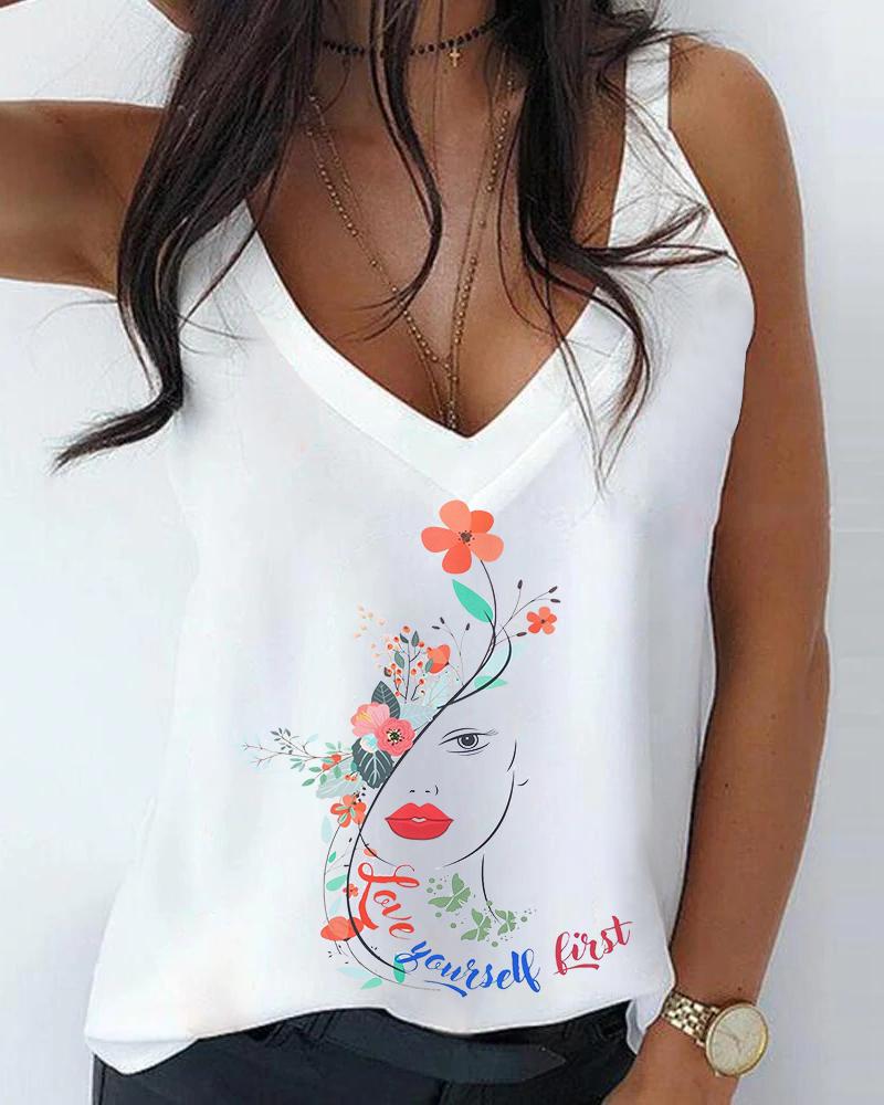 

Letter Floral Figure Print V-Neck Casual Tank Top, White