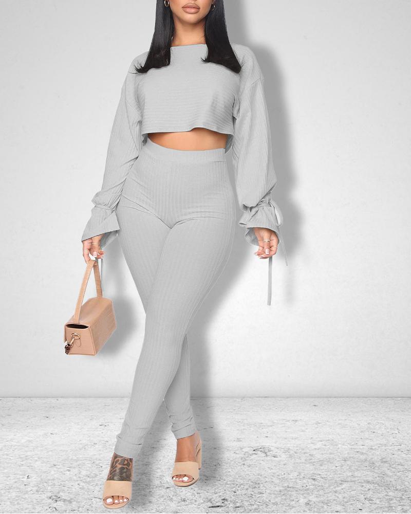 

Belted Hem Long Sleeve Crop Top & Pants Set, Gray