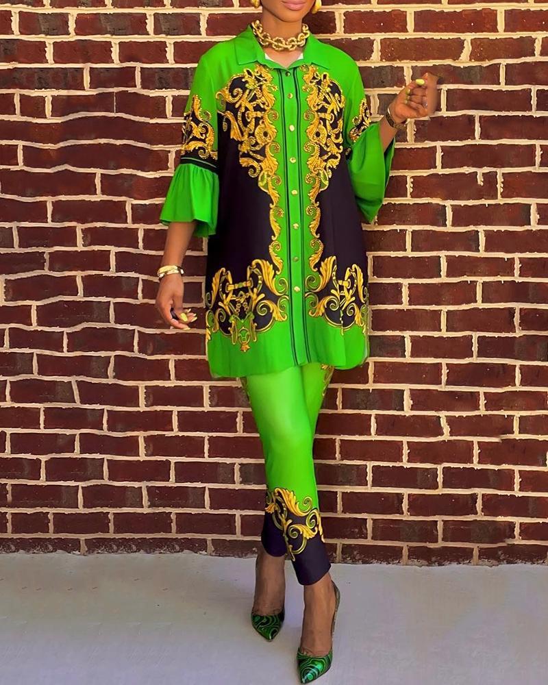 

Bell Sleeve Baroque Print Top & Pants Set, Green