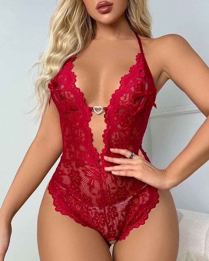 

Cutout Heart-Ring Crochet Lace Plunge Teddy, Wine red