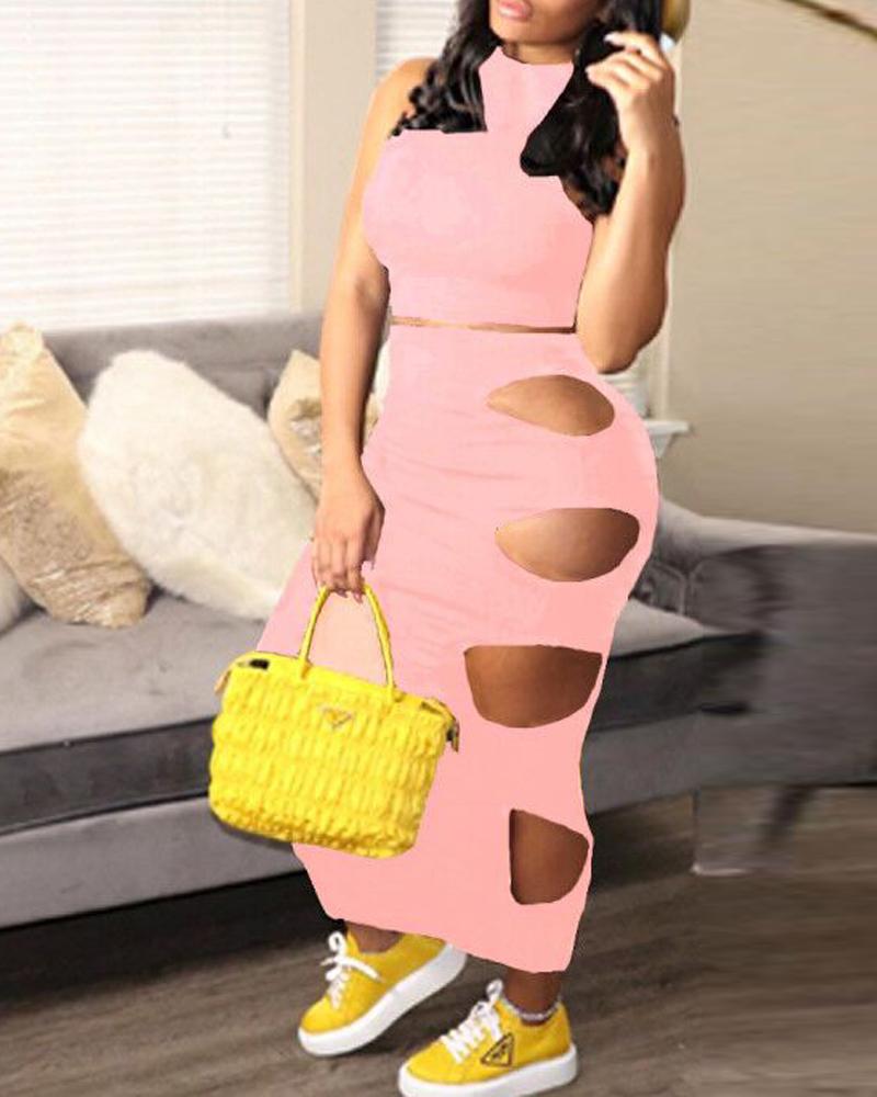 

Crop Tank Top & Cutout Skirt Set, Pink