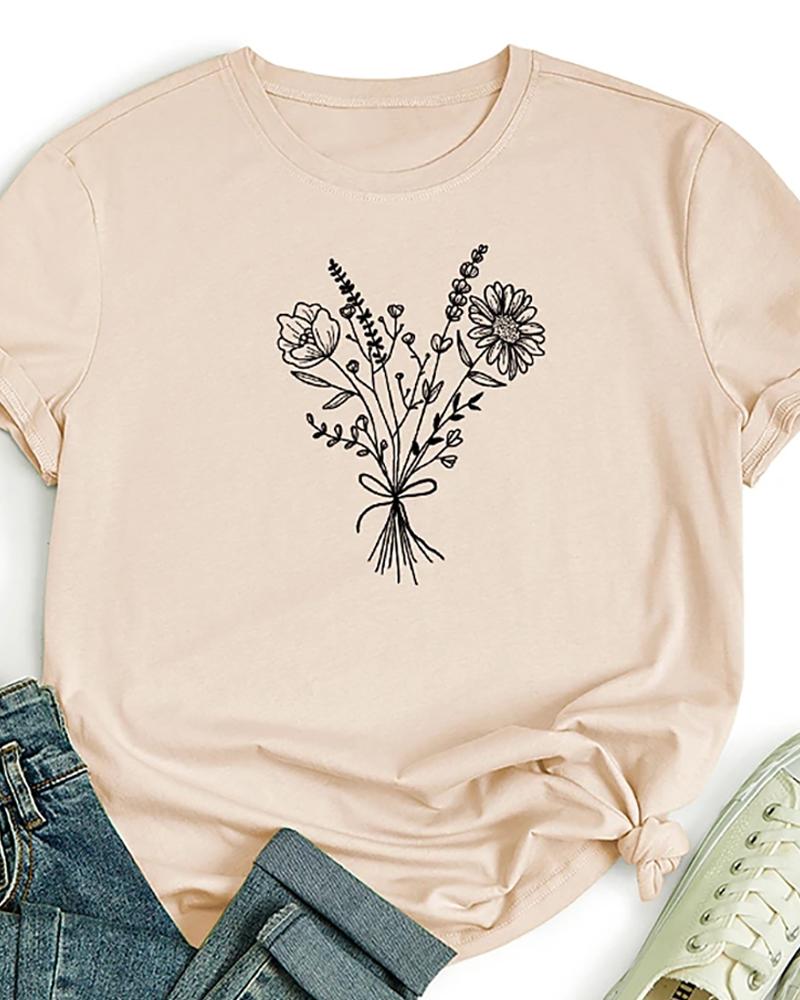 

Floral Print Round Neck Short Sleeve Basic Cotto Top, Khaki