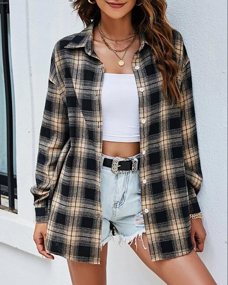 

Button Front Plaid Print Long Sleeve Shacket, Dark yellow