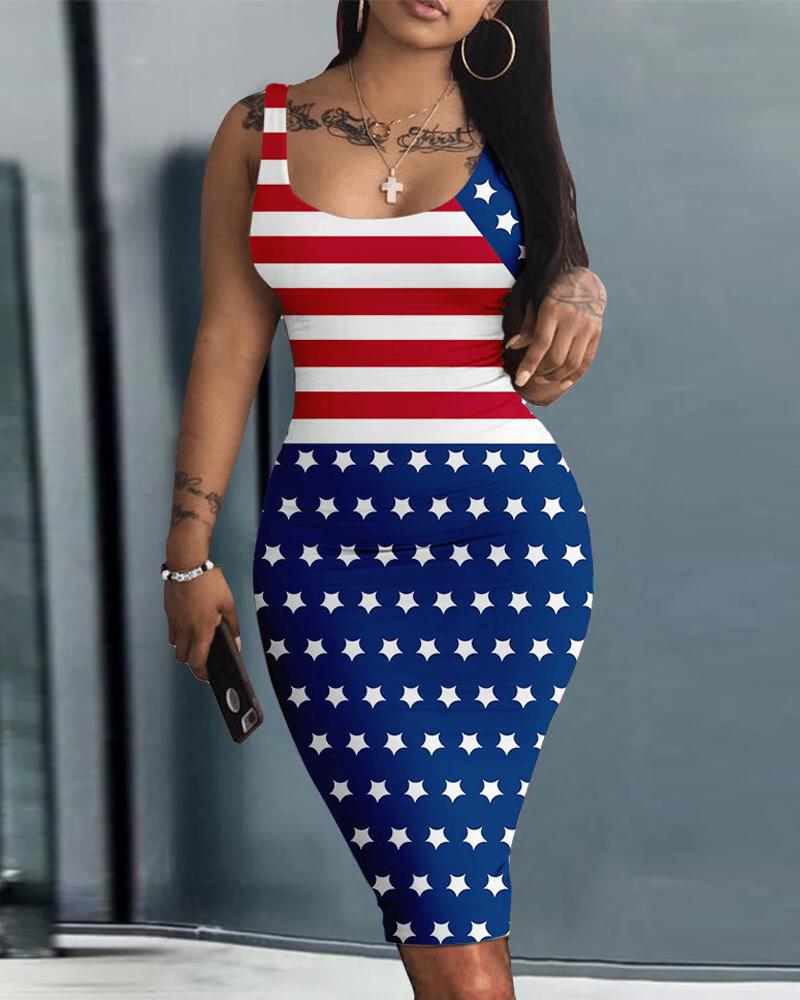 

Independence Day Flag Print U-Neck Bodycon Dress, Blue