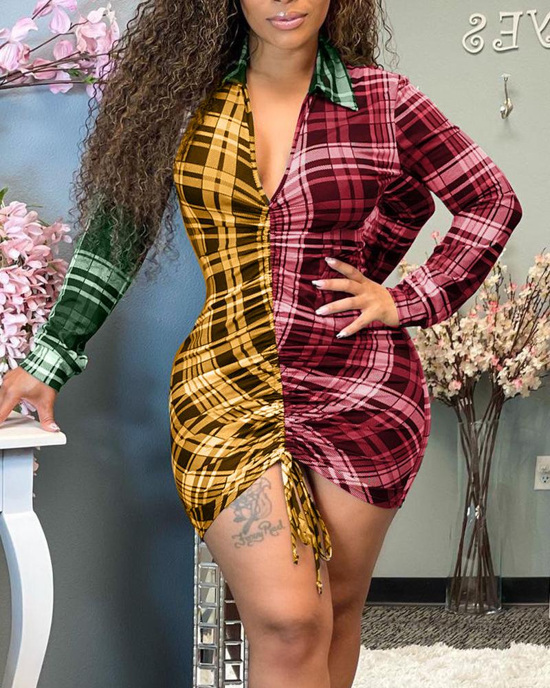 

Plaid Print Drawstring Ruched Shirt Dress, Red