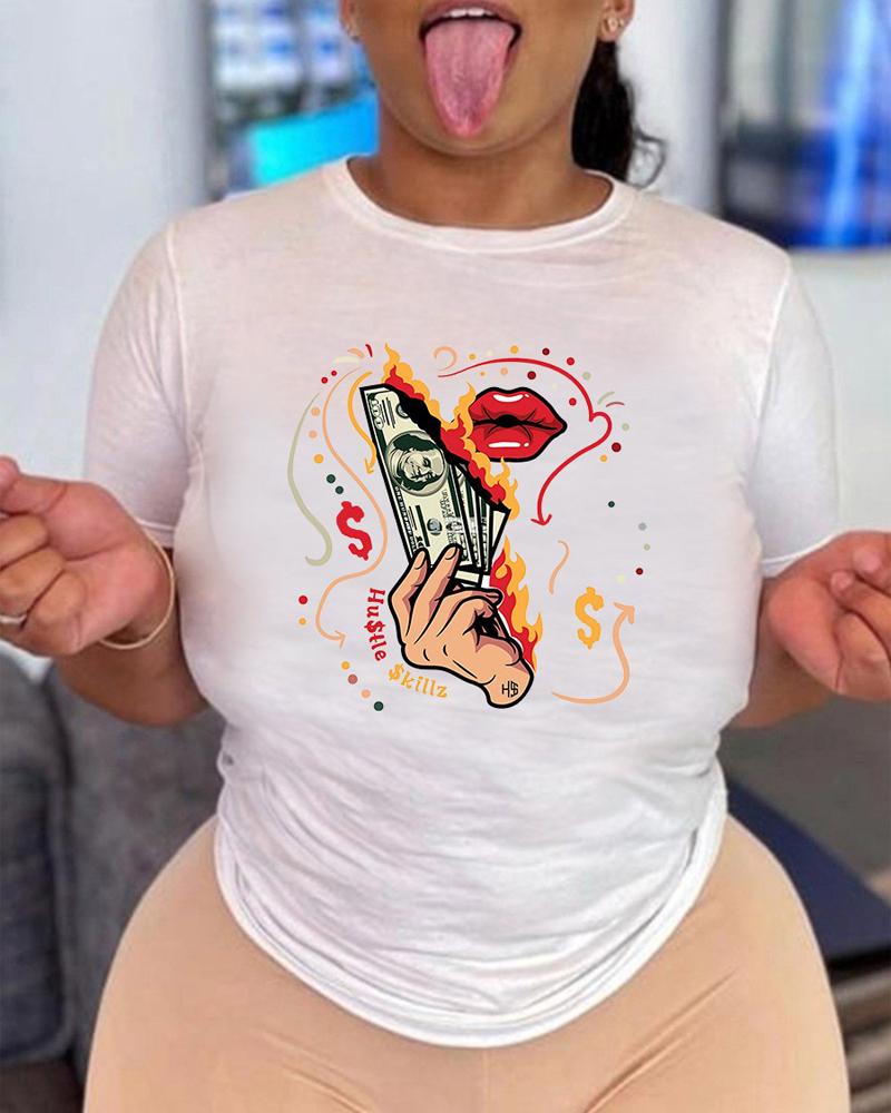 

Plus Size Lip Dollar Print Short Sleeve Casual T-shirt, White