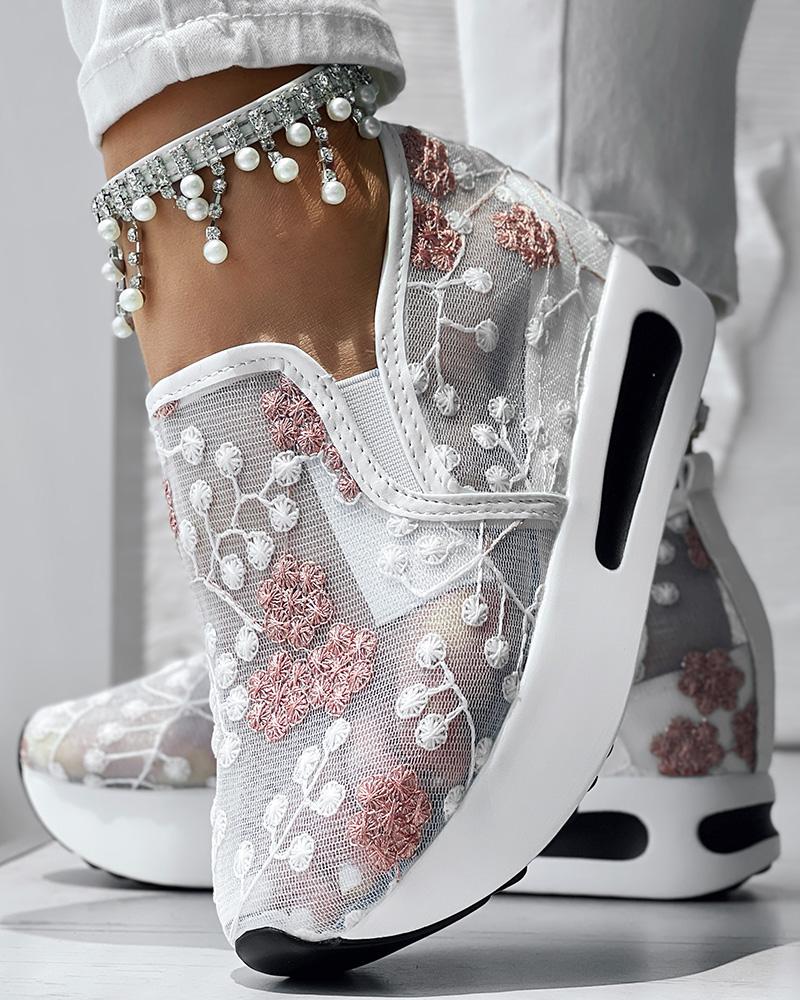 

Floral Embroidery Sheer Mesh Sneakers, Pink&white