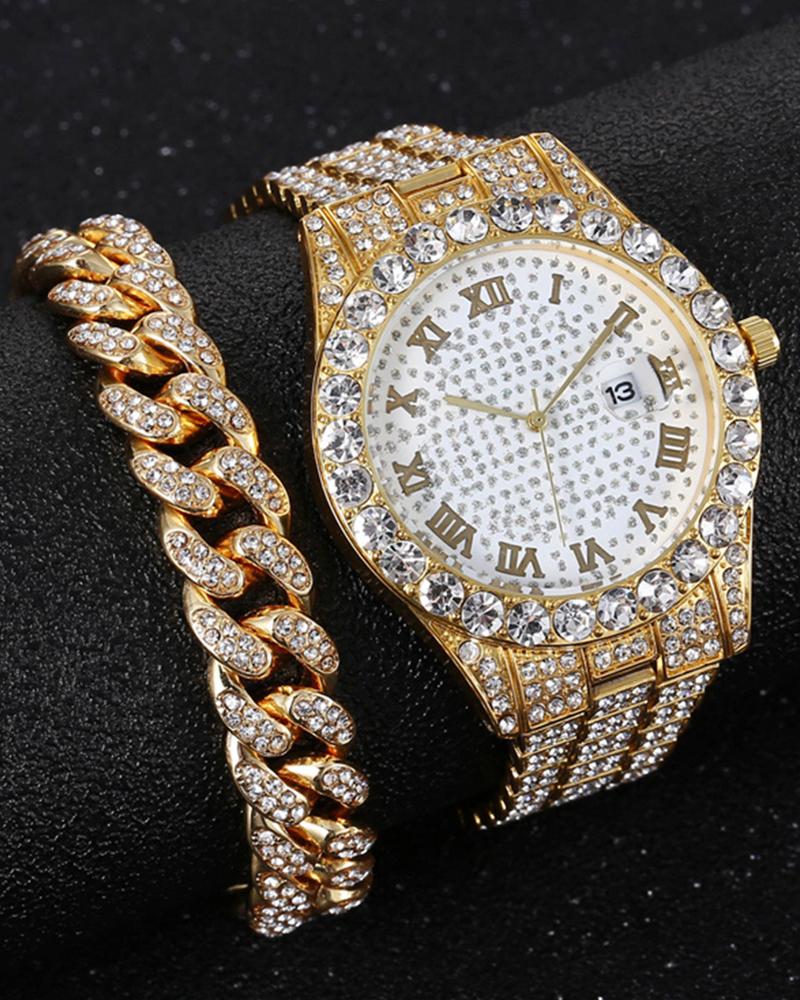 

2pcs Rhinestone Decor Quartz Watch & Chain Bracelet Set, Style2