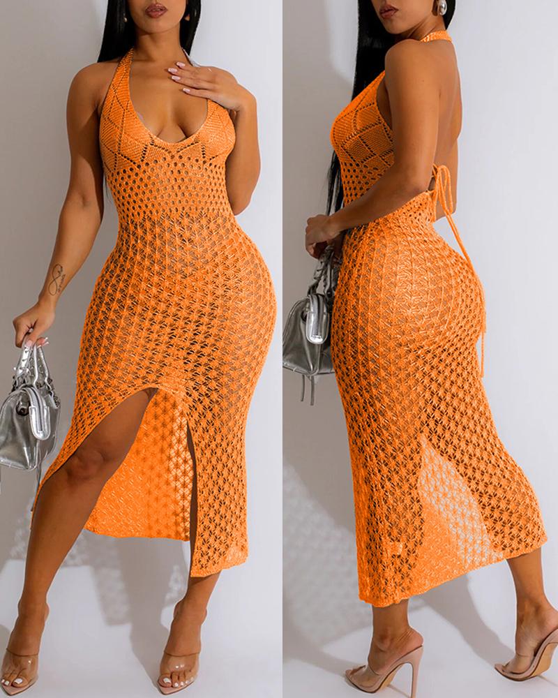 

Halter Tied Detail Hollow Out Crochet Bodycon Dress, Orange