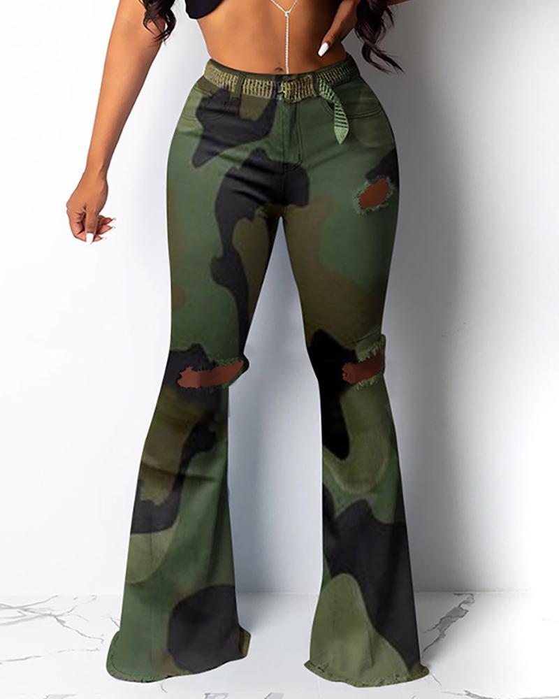 

High Waist Camouflage Ripped Bell-bottomed Pants, Army green