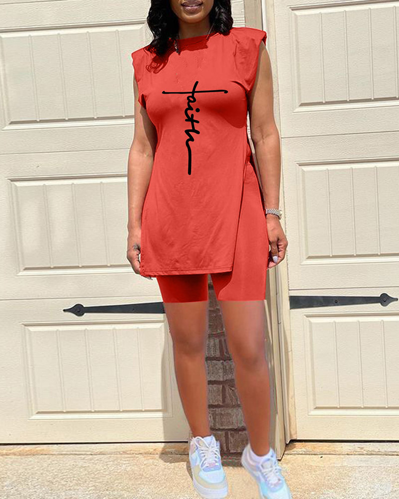 

Letter Print Slit Sleeveless Top & High Waist Shorts Set, Orange