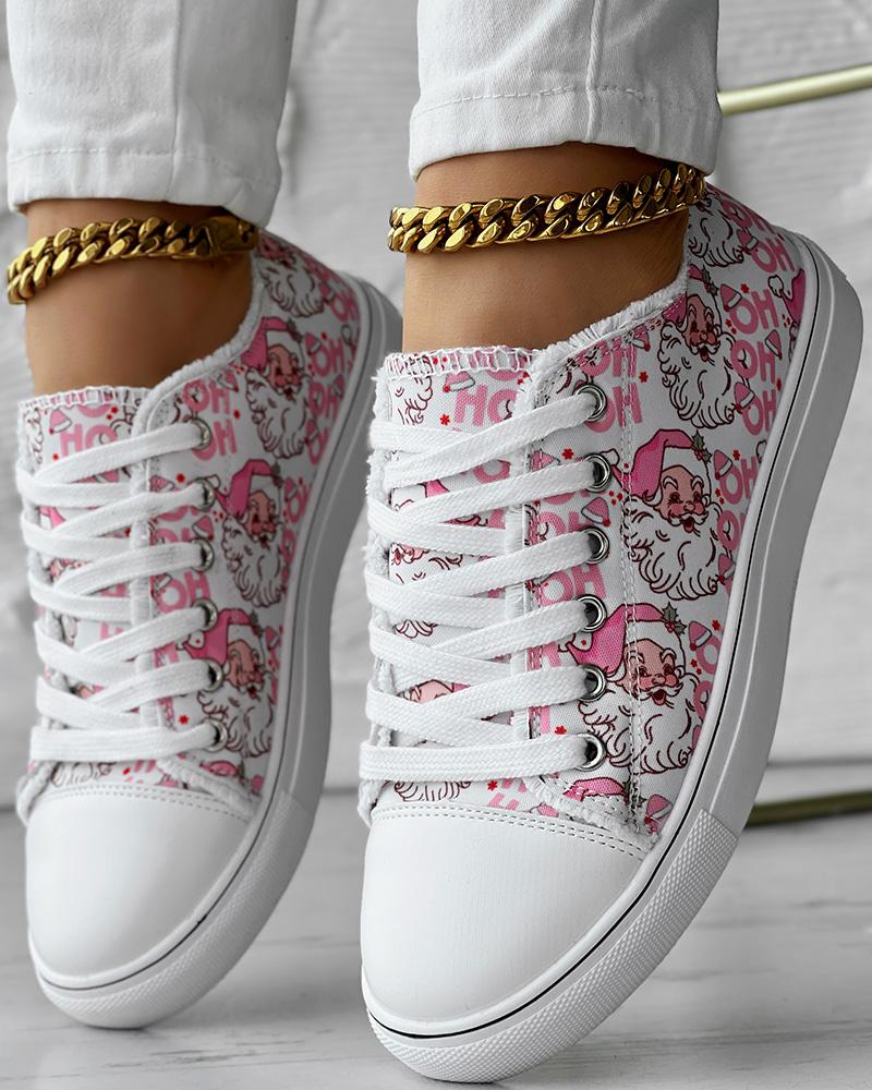 

Christmas Santa Clause Letter Print Lace-up Sneakers, Pink