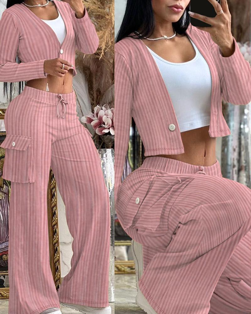 

Velvet Buttoned Crop Top & Pocket Design Pants Set, Pink
