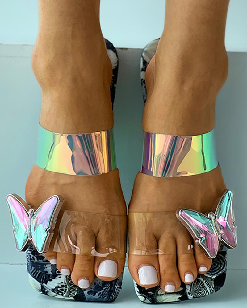 

Square Toe Floral Print Butterfly Pattern Flat Sliippers, Gray