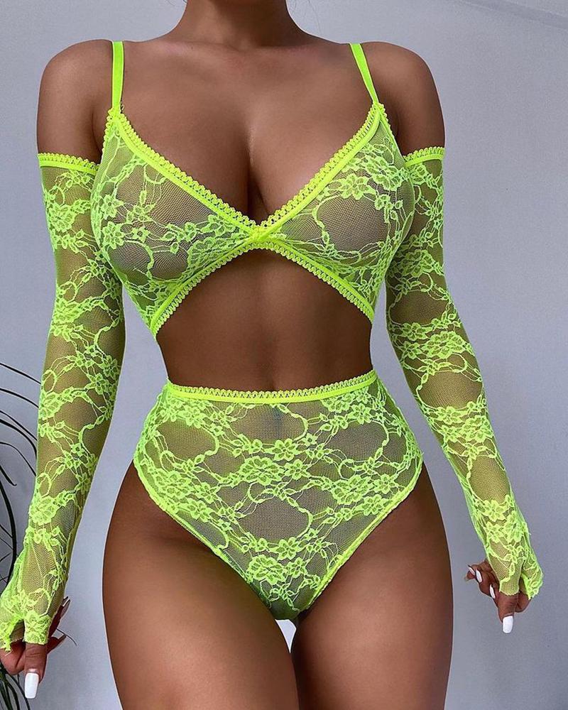 

Crochet Lace Spaghetti Strap Lingerie Set With Gloves, Green