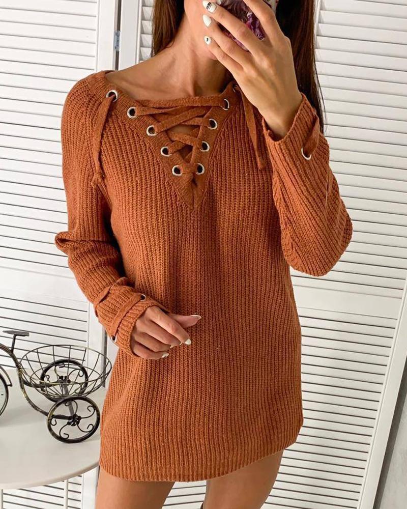 

Knit Eyelet Lace Up Long Sleeve Dress, Orange