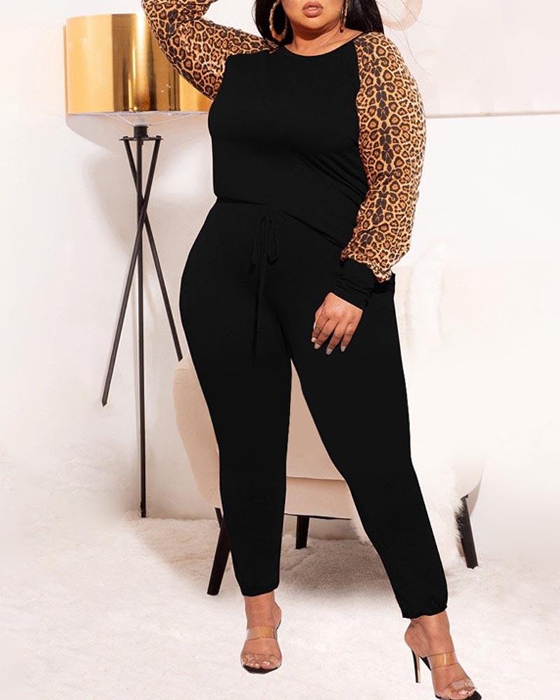 

Plus Size Contrast Leopard Long Sleeve Top & Pants Set, Black