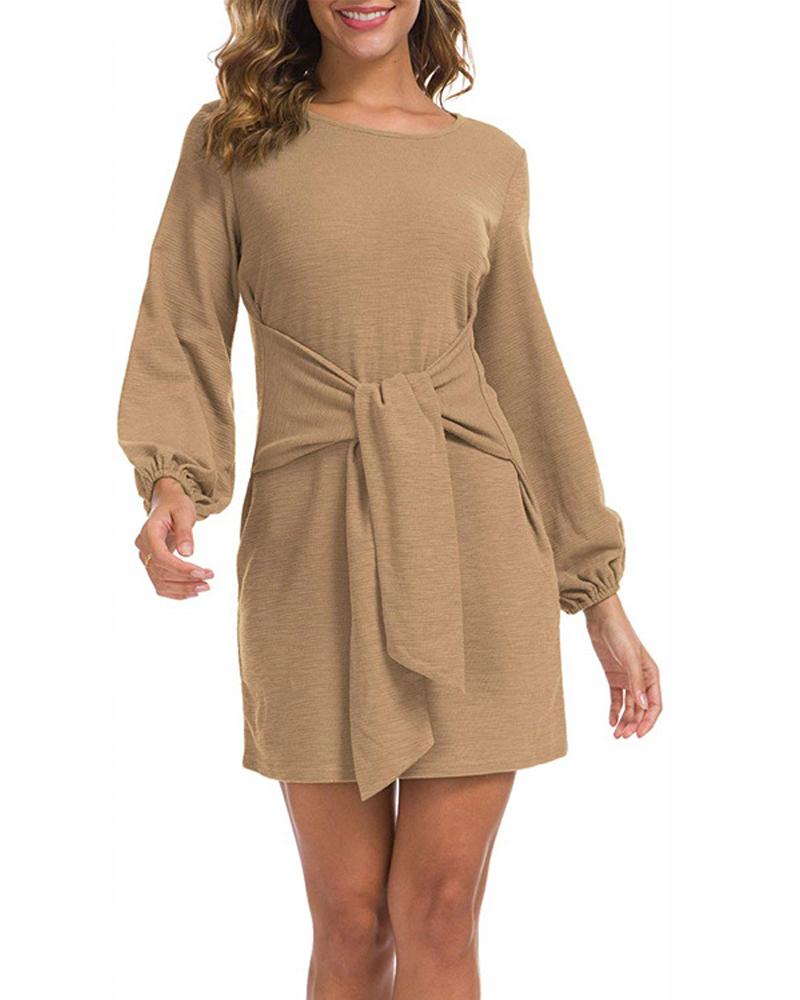 

Tied Detail Long Sleeve Casual Dress, Khaki