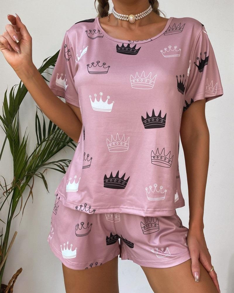 

Crown Print High Waist Pajamas Set, Pink