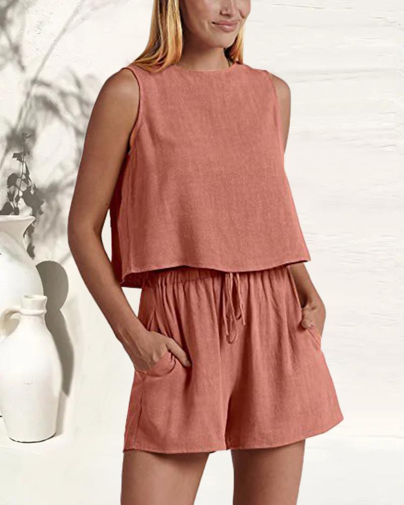 

Sleeveless Top & Drawstring Pocket Design Shorts Set, Red bean