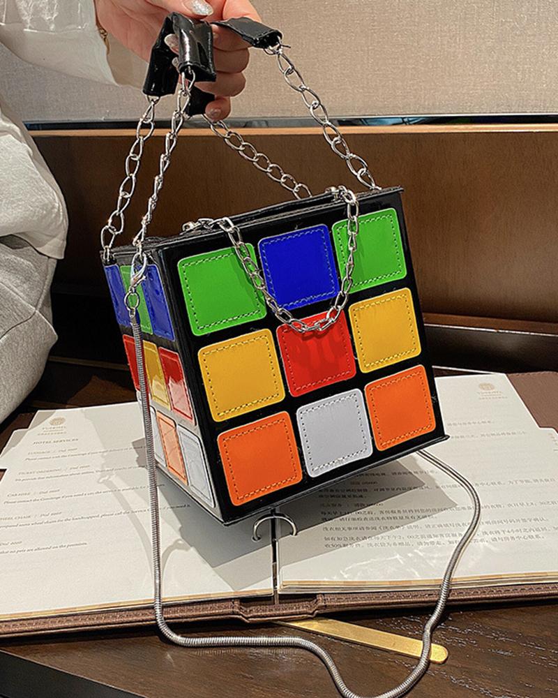 

Colorblock Chain Strap Cube Hanbag, Black