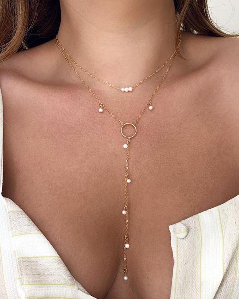 

1pc Beaded O-Ring Tassel Design Necklace, Gold