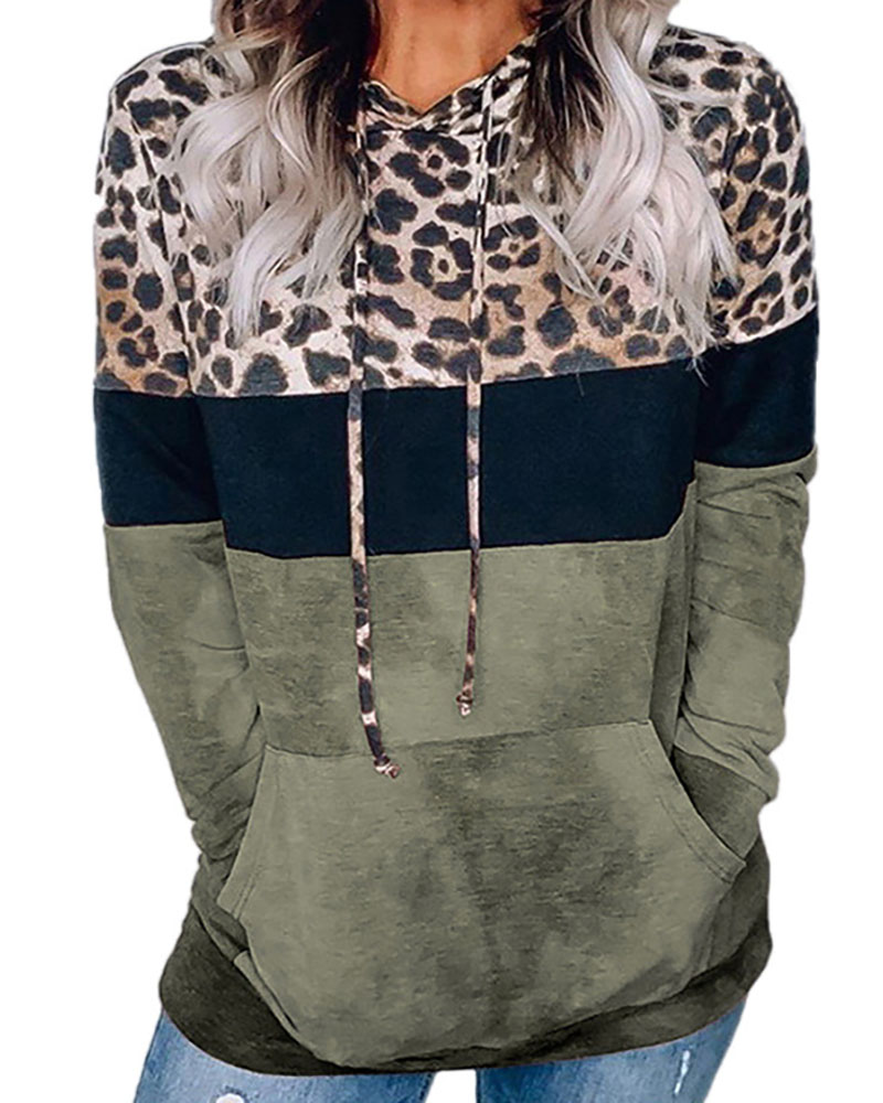 

Cheetah Print Colorblock Pocket Design Casual Hoodie, Army green