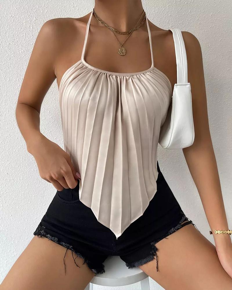 

Halter Backless Pleated Design Hanky Hem Top, Apricot
