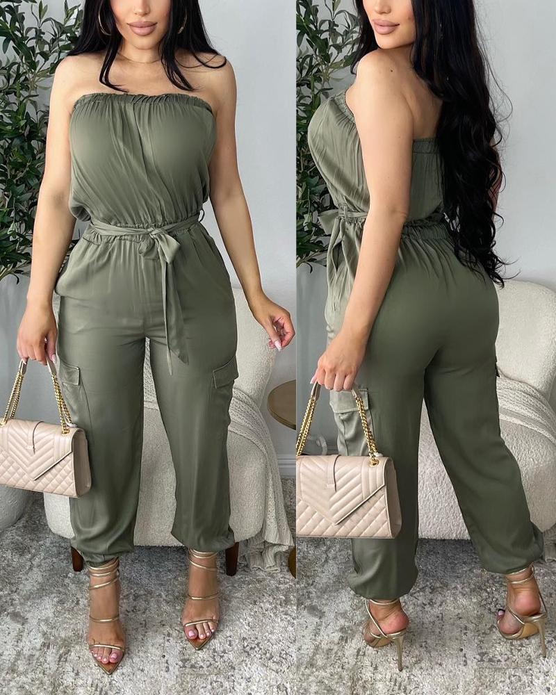 

Pocket Design Belted Bandeau Jumpsuit, Green