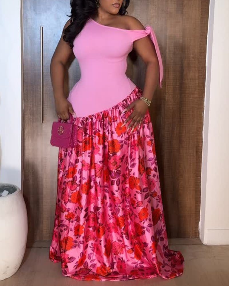 

Vestido de fiesta sin mangas con estampado floral satinado, hombros descubiertos, lazo en el hombro y fruncido., Pink