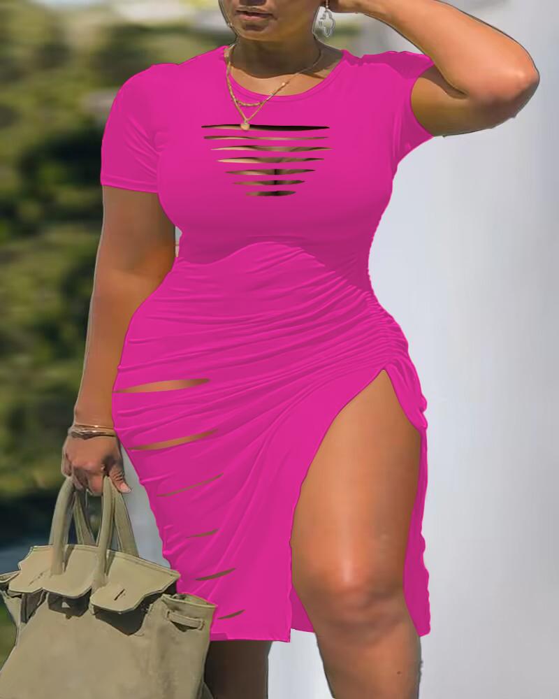 

Plus Size Ladder Cutout Drawstring Ruched High Slit Dress, Hot pink