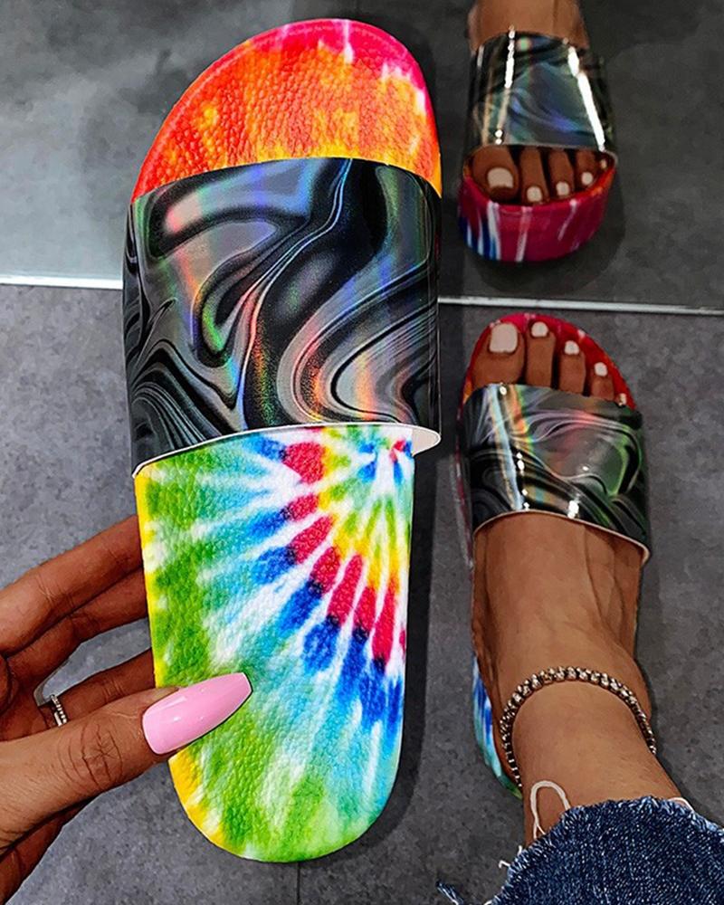 

Round-toe Tie Dye Print Platform Slippers, Black