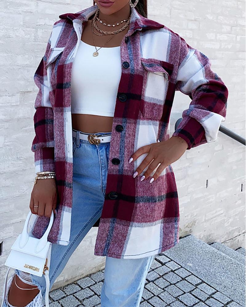 

Plaid Print Pocket Button Design Long Sleeve Shacket Casual Turn-down Collar Long Coat, Red