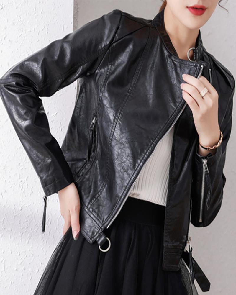 

Zipper Design PU Leather Long Sleeve Jacket, Black