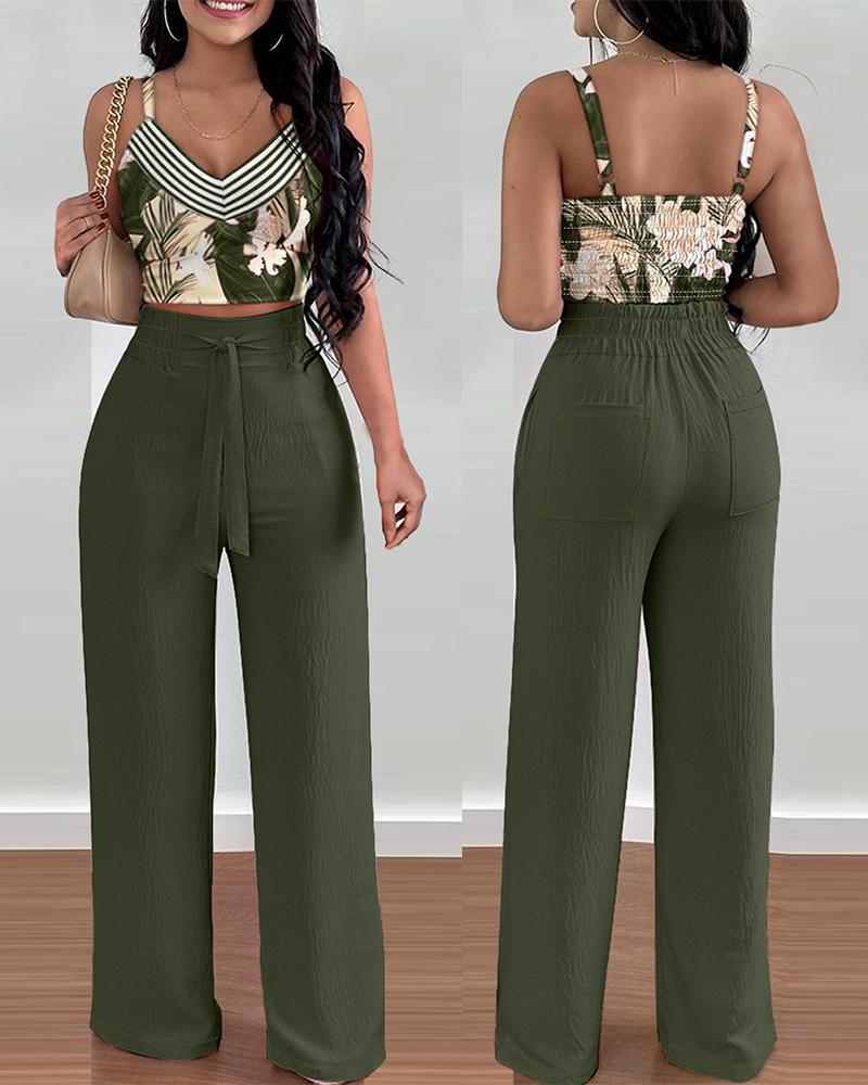 

Tropical Print Shirred Crop Top & High Waist Pants Set, Army green