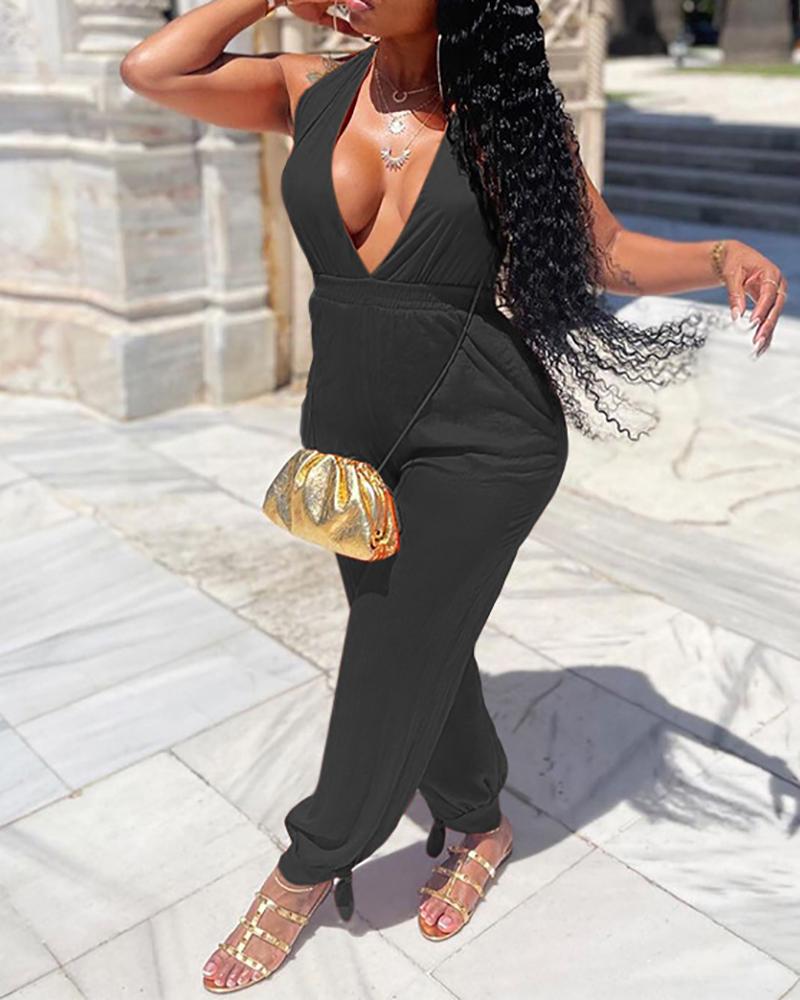 

Halter Tied Detail Plain Ruched Jumpsuit, Black